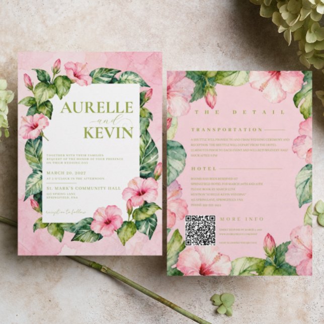 Convite Summer Pink Green Floral Watercolor QRcode Wedding (Criador carregado)