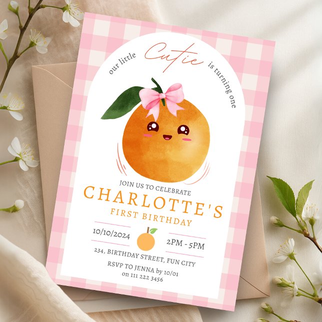 Convite Summer Pink Little Cutie Orange 1st First Birthday (Summer Pink Little Cutie Orange 1st First Birthday Invitation)