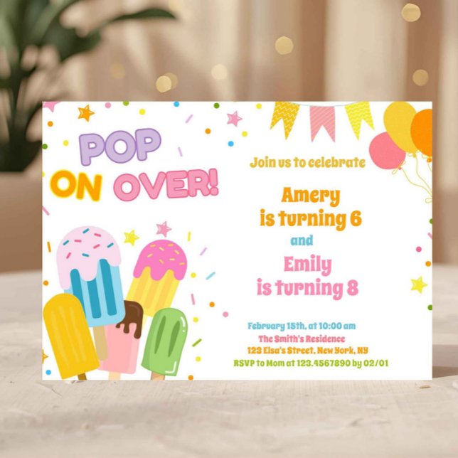 Convite Summer Popsicle Kids Joint Birthday  (popsicle birthday invite, pop on over invitation, ice cream party invite, summer birthday invite, ki)