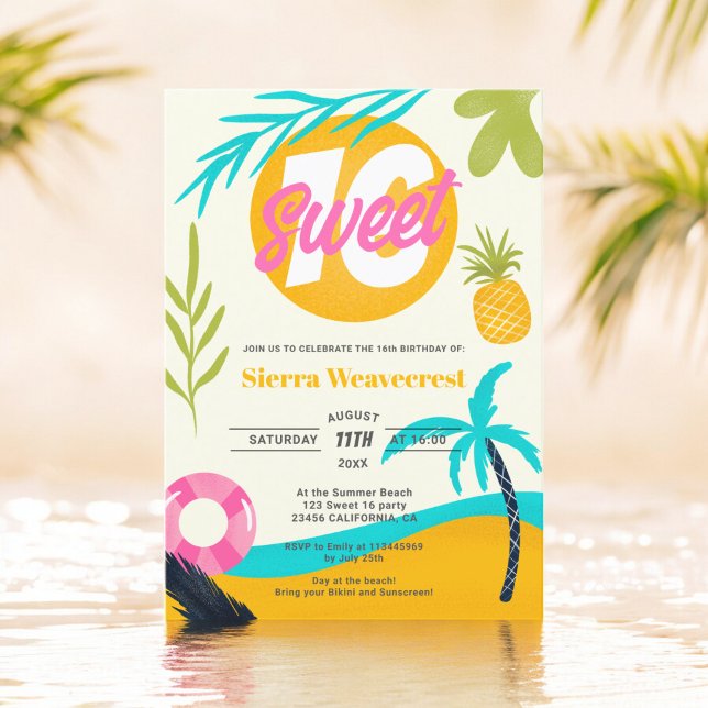 Convite Summer Retro Tropical Beach Piscina Sweet 16 foto (Summer Retro Tropical Beach Pool Sweet 16 photo Invitation)