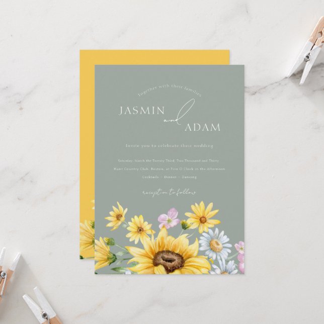 Convite Summer Sage Green Yellow Sunflower Wedding Floral (Frente/Verso In Situ)