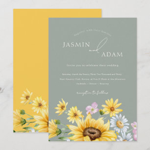 Convite Summer Sage Green Yellow Sunflower Wedding Floral