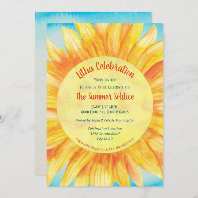 Convite Summer Solstice Sunflower Sun Wiccan Litha Party (Frente/Verso)