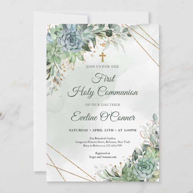 Convite Summer succulents eucalyptus greenery gold Baptism (Frente)