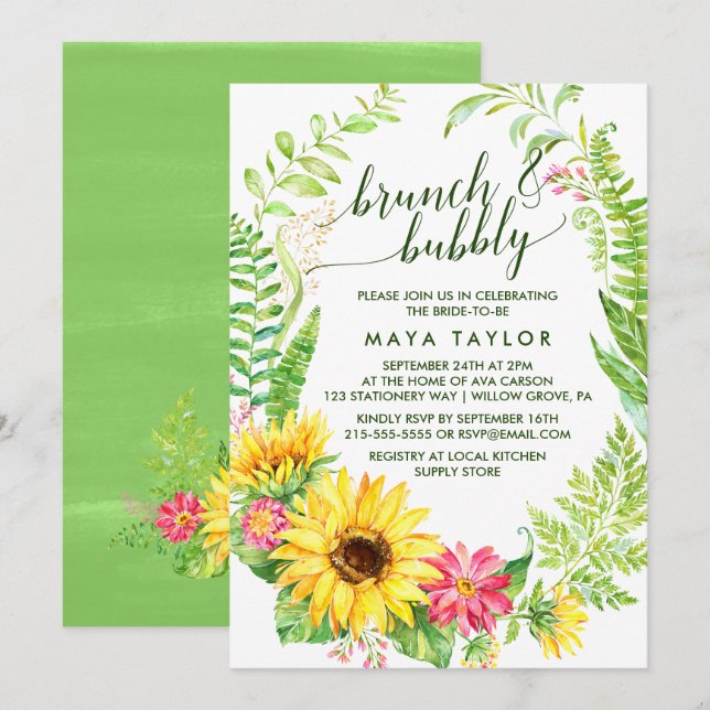 Convite Summer Sunflower Wreath Brunch e Bubble (Frente/Verso)