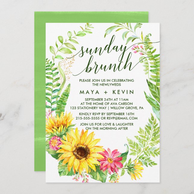 Convite Summer Sunflower Wreath Wedch Sunday Brunch (Frente/Verso)