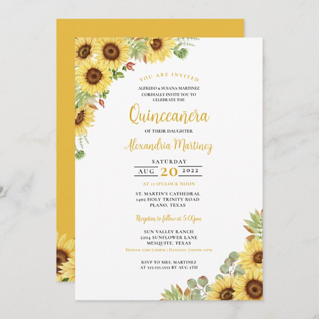 Convite Summer Sunflower Yellow White Floral Quinceanera (Frente/Verso)