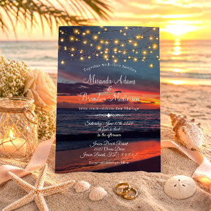 Convite Summer Sunset String Lights Tropical Beach Weding