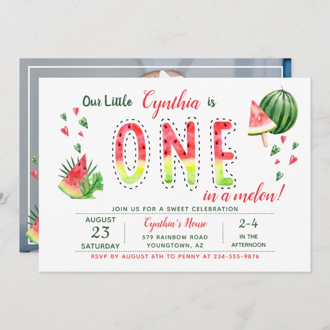 Convite Summer Sweet Watermelon Primeira Foto de Aniversár (Frente/Verso)
