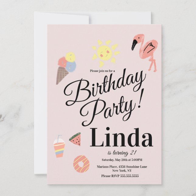 Convite Summer Themed Birthday Doodles Desenhados na Mão d (Frente)