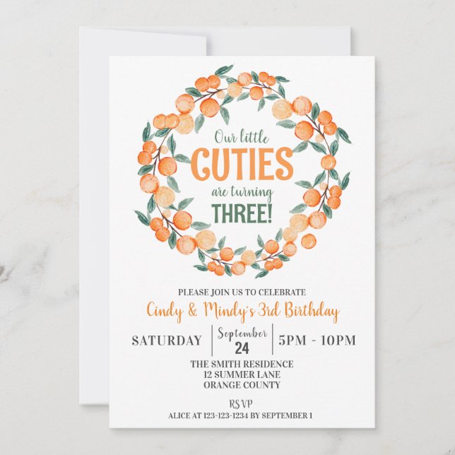 Convite Summer Twin Girls Birthday, aniversário de 3 anos  (Frente)