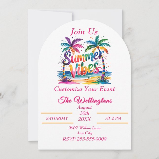 Convite Summer Vibes Tropical Palm Tree Ocean Personaliza (Frente)
