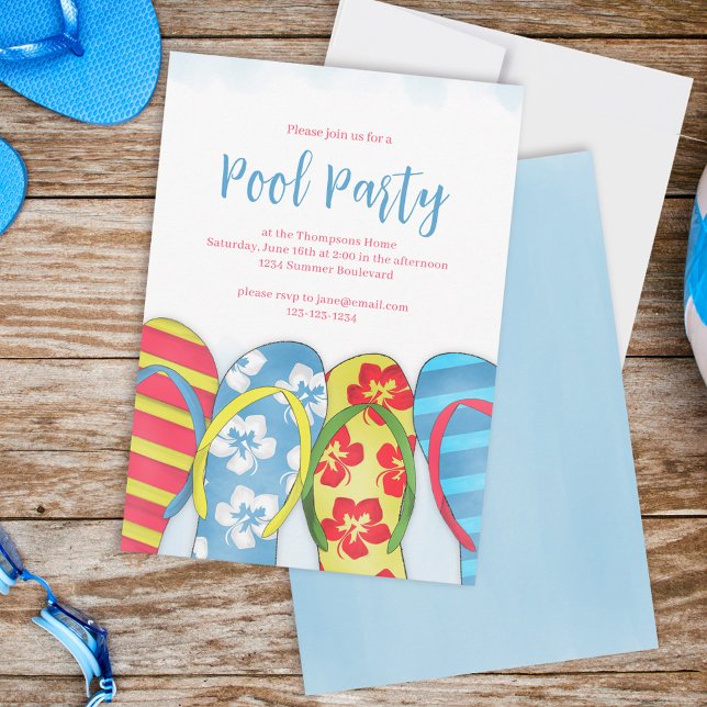 Convite Summer Watercolor Blue Water Piscina Party (Summer pool party flip flops invitations.)