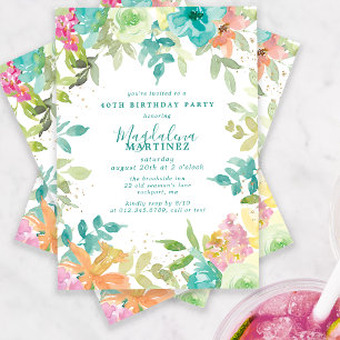 Convite Summer Watercolor Floral aniversário de 40 anos