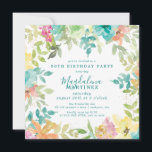 Convite Summer Watercolor Floral Square 50th Birthday<br><div class="desc">Novo para o Verão de 2024. A cor da água floral de Verão moderna e colorida apresenta flores cor-de-rosa, azuis-turquesa, amarelas e laranja. Eles formam uma estrutura botânica, rústica e bófia em torno de seus detalhes de festa de aniversário. Este item faz parte da coleção de Flores de Aquarela de...</div>