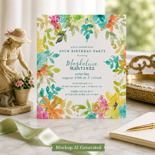 Convite Summer Watercolor Floral Square 80 Birthday