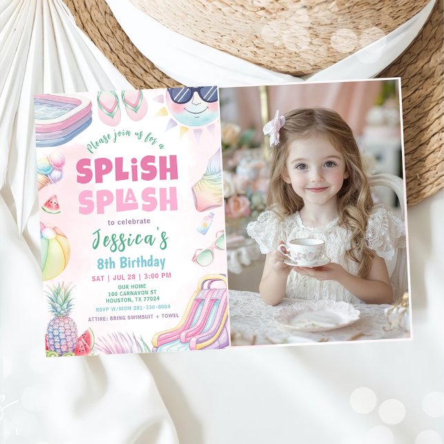 Convite Summer Waterslide Girl Birthday Party Photo (Criador carregado)