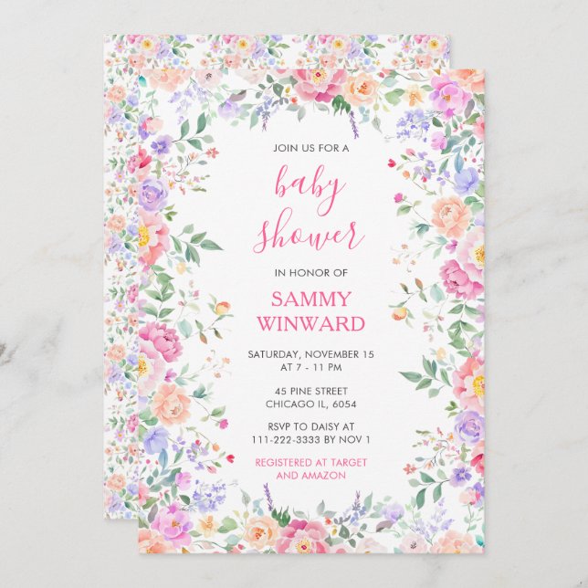 Convite Summer Wildflower Chá de fraldas (Frente/Verso)