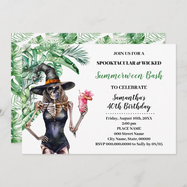 Convite SummerEntre Bruxas Piscina Bash Birthday (Frente/Verso)