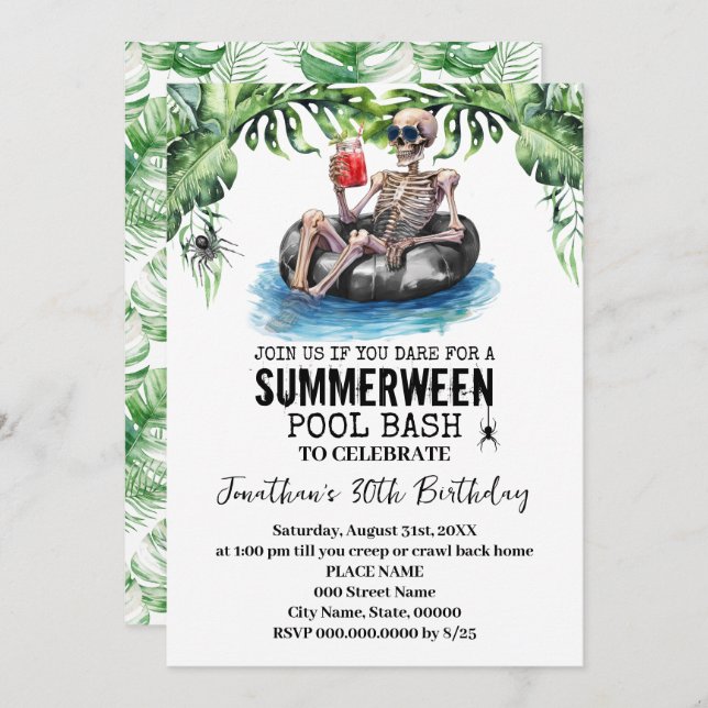 Convite Summerween Tropical Skeleton Birthday Party (Frente/Verso)