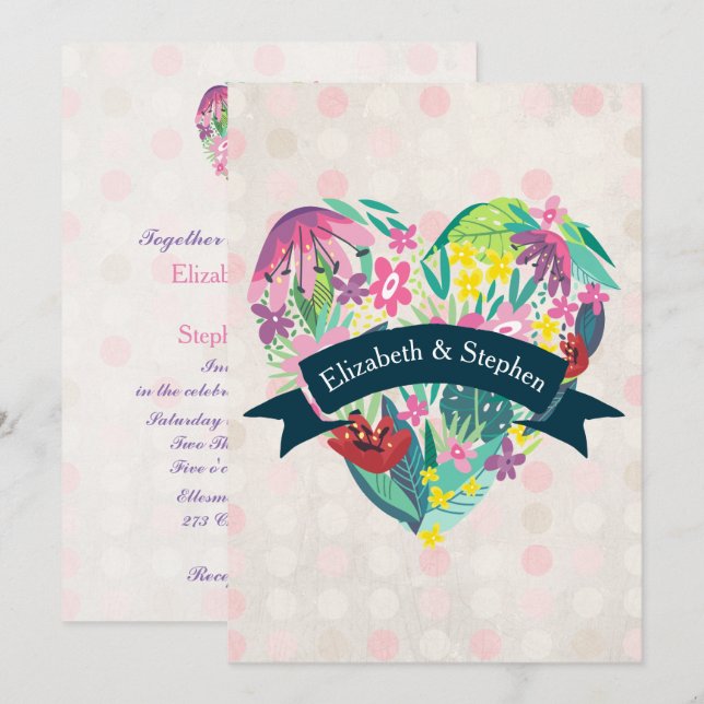 Convite Summery Floral Heart com Casamento de Fita (Frente/Verso)