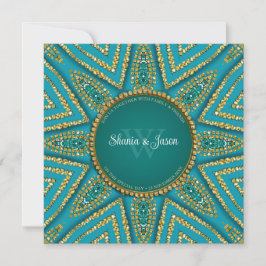 Convite Sun Bohemian Oriental Dourado & Teal Sparkle
