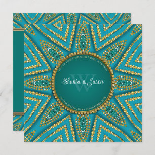 Convite Sun Bohemian Oriental Dourado & Teal Sparkle