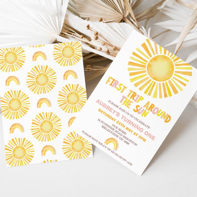 Convite Sun Orange First Trip em torno do primeiro anivers (Girls First Trip Around The Sun 1st Birthday Invitation Template, Sun Rainbow First Birthday Invite)