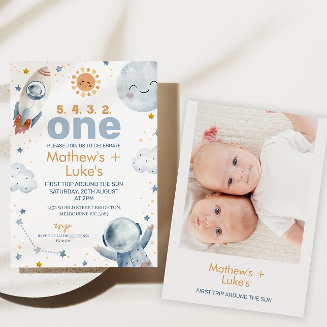 Convite Sun Primeira viagem em torno do primeiro aniversar (First trip around the sun birthday party invitation for twins boys, Twins First Trip Around the Sun )
