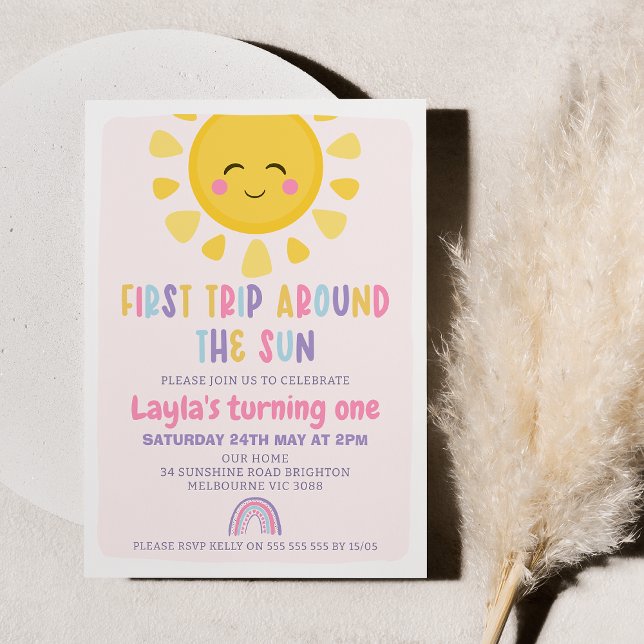 Convite Sun Rainbow Primeira Viagem Em Torno Do primeiro a (Printable First Trip Around the Sun Birthday Invitation, Editable Boho Sunshine Rainbow Invite )