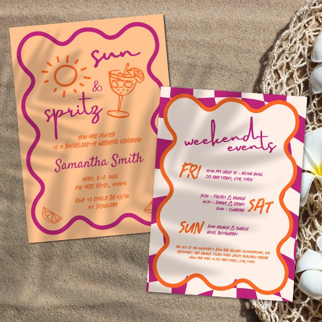 Convite Sun & Spritz Bachelorette Weekend Drawn (Sun & Spritz Bachelorette Weeknd Scribble Hand Drawn Funky Summer Orange and Pink Invitation)