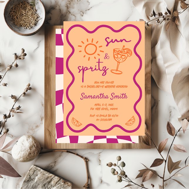 Convite Sun & Spritz Festa de solteira, Desenhado Funky (sun & spritz bachelorette party invitation)
