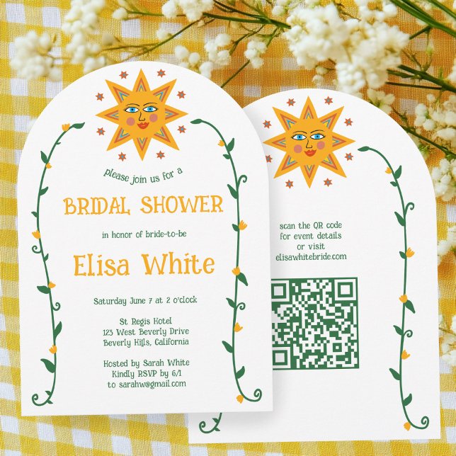 Convite Sun & Vines Arch Boho Whimy PERSONALIZADO Bridal Q (Sun & Vines Boho Arch Whimsical CUSTOM QR Code Bridal Shower Invitation
)