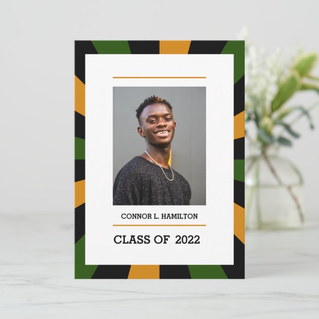 Convite Sunburst | Graduação de Foto Preto Verde Laranja (Em pé/Frente)