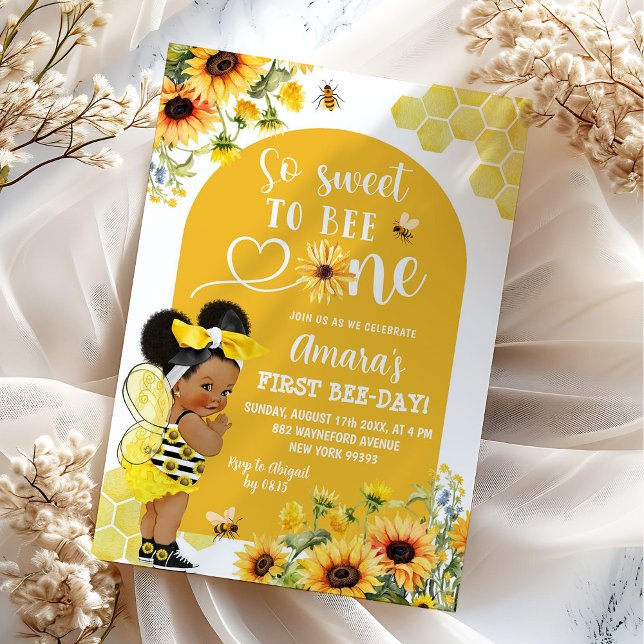Convite Sunflower Afro Girl Honey Primeiro Aniversário De  (Criador carregado)