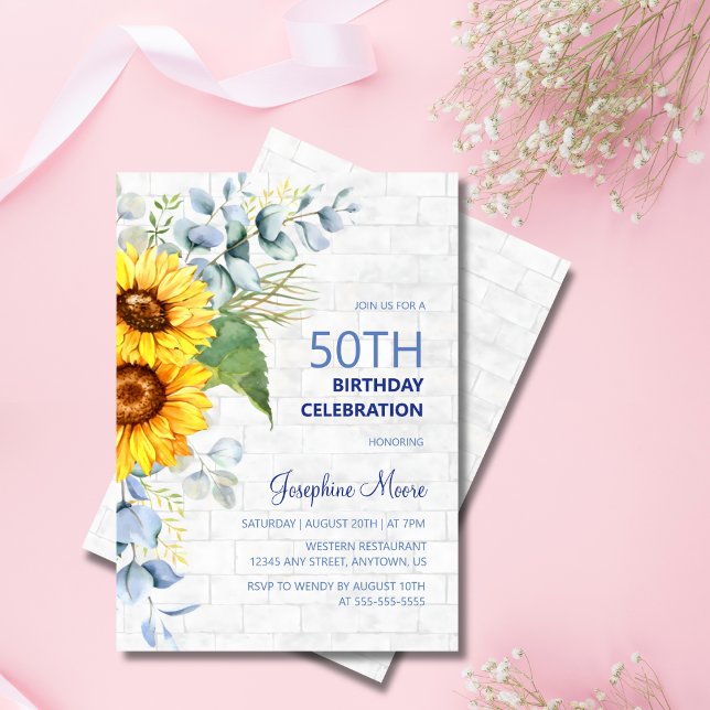 Convite Sunflower Aged Wall Brick Greenery Aniversário (Criador carregado)