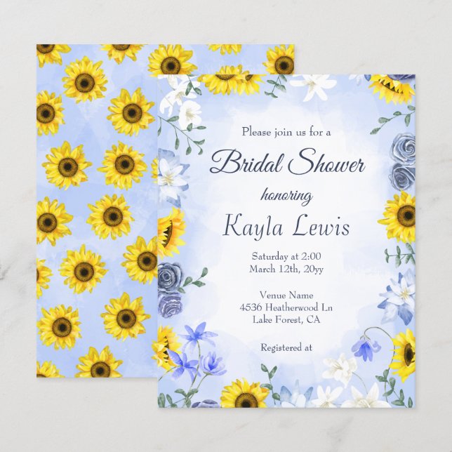 Convite Sunflower and Dusty Blue Rose Bridal Shower (Frente/Verso)