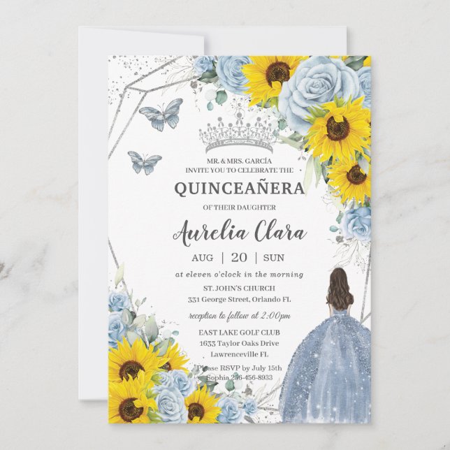 Convite Sunflower Baby Blue Princesa Floral Quinceañera (Frente)
