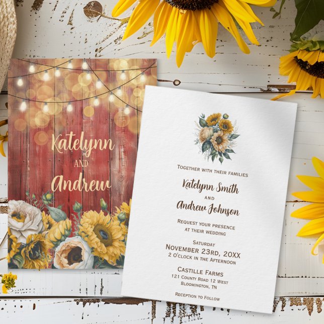 Convite Sunflower Barn Wood String Luz Rustic Weding (Criador carregado)