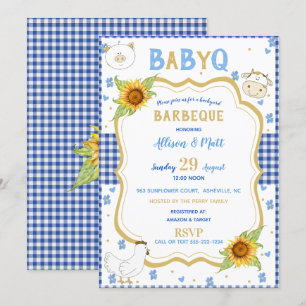 Convite Sunflower Blue Gingham Baby Q Barbecue