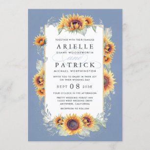 Convite Sunflower Blue Watercolor Rustic Themed Weding