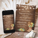 Convite Sunflower Boots String Luz Oeste Casamento<br><div class="desc">Traga um toque de elegância rústica para o seu casamento com este Convite de Casamento Ocidental de Girassóis Boots Boots Lights Western. Este convite apresenta um belo design com girassóis, botas de cowboy e luzes de cordas brilhantes. Ideal para casais que amam o exterior e querem celebrar o seu amor...</div>