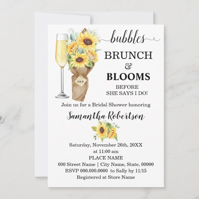 Convite Sunflower Bubbles Brunch & Blooms Chá de panela (Frente)