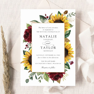 Convite Sunflower Burgundy Greenery Floral Casamento Russo