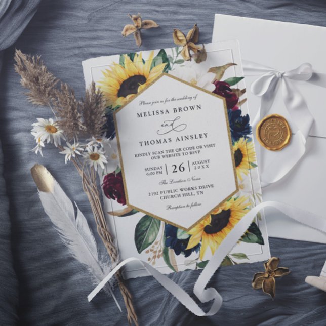 Convite Sunflower Burgundy Navy Blue QR Code Wedding (Criador carregado)