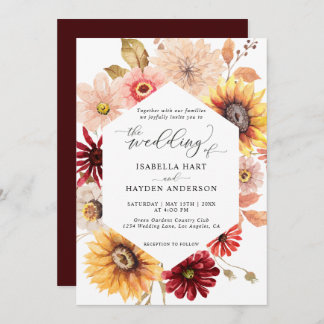 Convite Sunflower & Burgundy Queda Casamento Floral Selvag