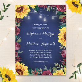 Convite Sunflower Burgundy Rose Jar Lights Navy Wedding