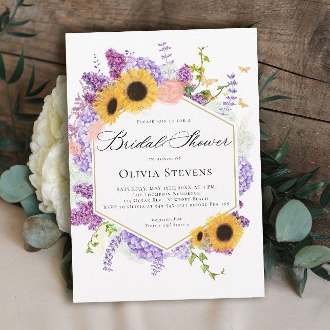 Convite Sunflower Butterflies Lilac Hexagon Bridal Shower (rustic bridal shower invitation sunflower lilac butterflies boho romantic elegant hexagon)