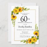 Convite Sunflower Daisy 60th Birthday Surprise Party<br><div class="desc">Cartão de aniversário de 60 anos, floral amarelo bonito. Peônias amarelas e margaridas brancas se misturam com os girassóis. Um quadro retangular de ouro lhe dá uma vibração elegante. Muito fácil de personalizar. Essa parte de trás é branca com um buquê de girassol. Isto é perfeito para uma celebração de...</div>