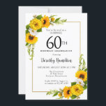 Convite Sunflower Daisy 60th Birthday Surprise Party<br><div class="desc">Cartão de aniversário de 60 anos, floral amarelo bonito. Peônias amarelas e margaridas brancas se misturam com os girassóis. Um quadro retangular de ouro lhe dá uma vibração elegante. Muito fácil de personalizar. Essa parte de trás é branca com um buquê de girassol. Isto é perfeito para uma celebração de...</div>